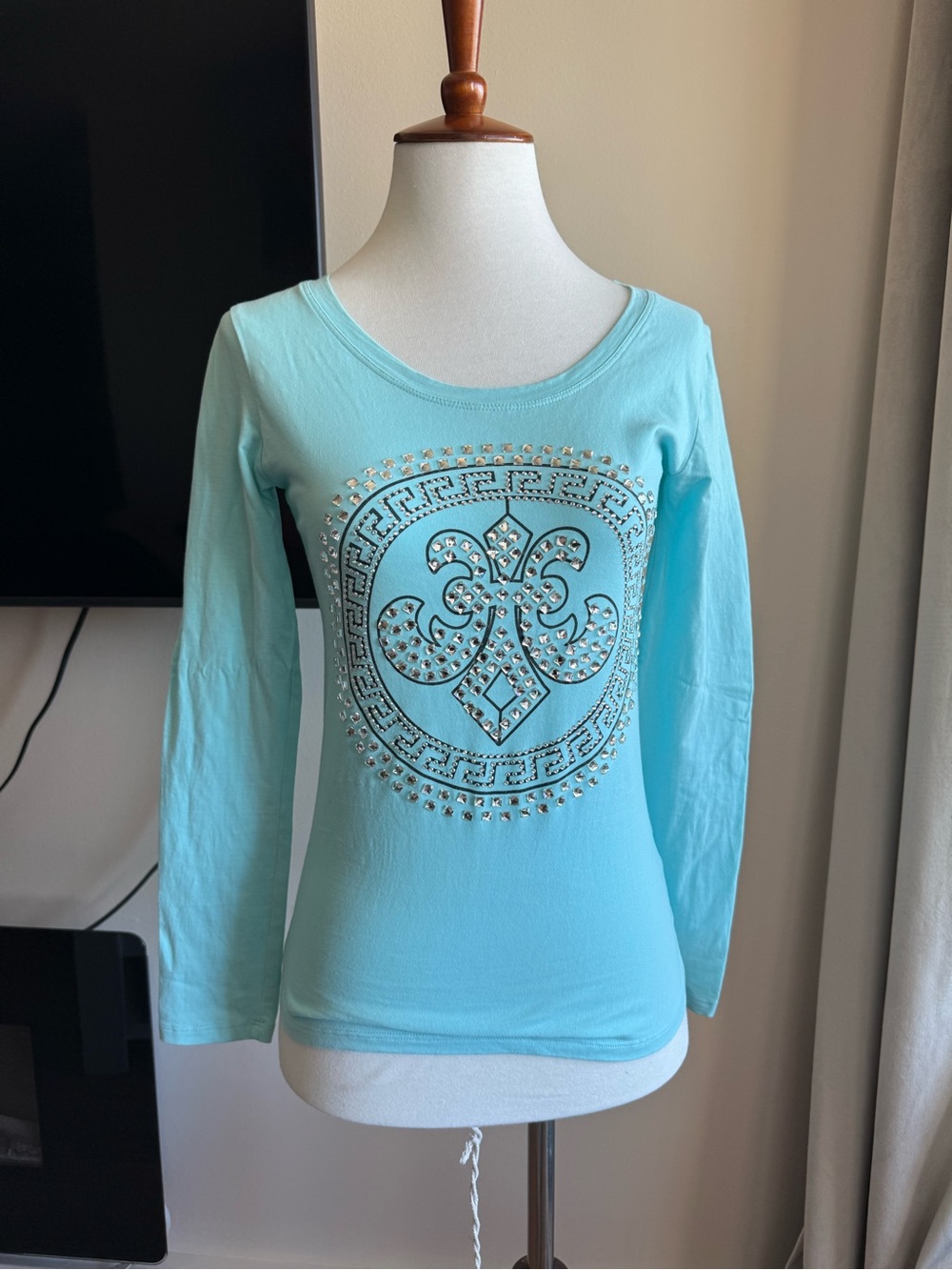 Maya Mint Blue Long-Sleeve Studded Medallion Top